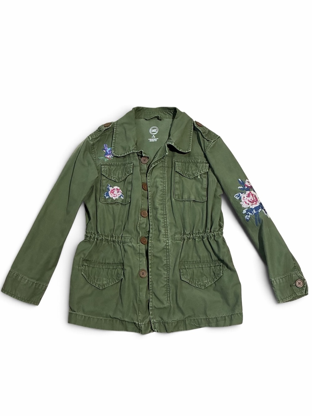 Girls Olive Green Embroidered Utility Jacket Medium 7-8 Floral Patch Cotton Coat